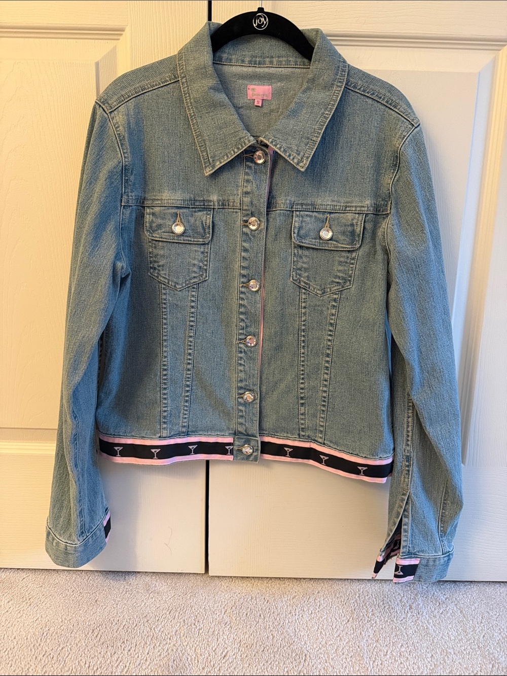 Molly B Light Wash Denim Jacket with Pink and Black Martini glass Trim